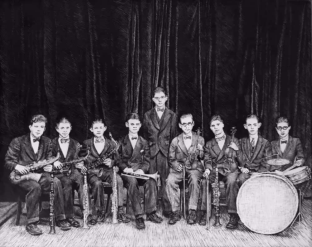 Ink on Claybord drawing of a 1920s band.