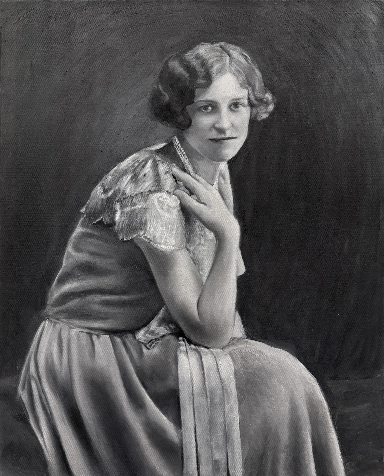 A black and white oil painting of a 1920s woman posing.