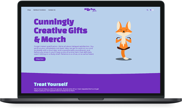 A macbook laptop showing the Silly Fox website.