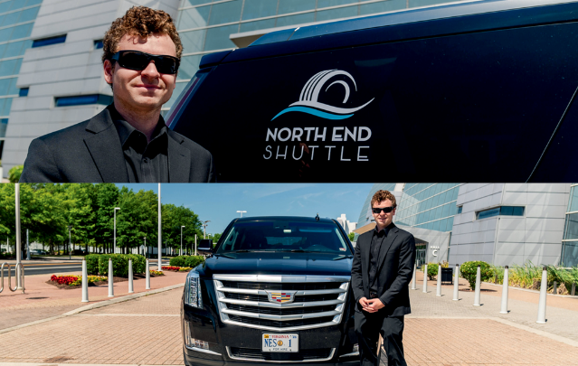 Professional chauffeur from North End Shuttle standing beside a luxury black Cadillac Escalade SUV, showcasing premium transportation services in Virginia Beach.