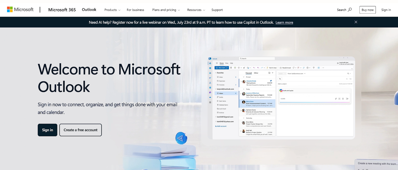 screenshot of Microsoft Outlook homepage