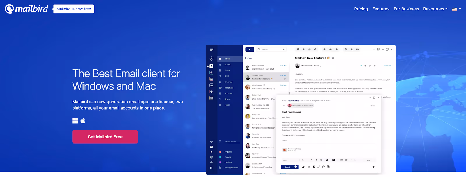 screenshot of Mailbird homepage