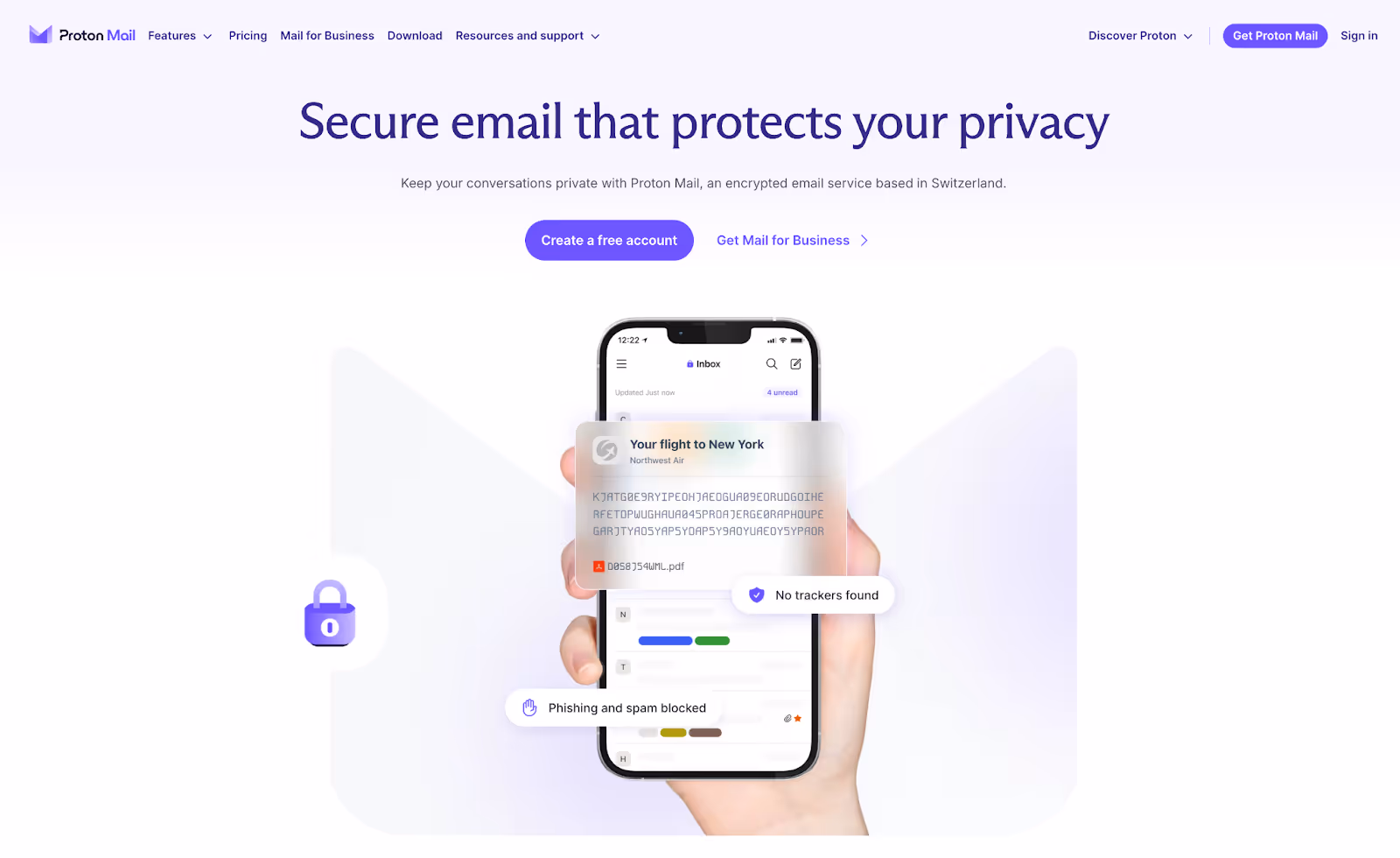screenshot of ProtonMail homepage