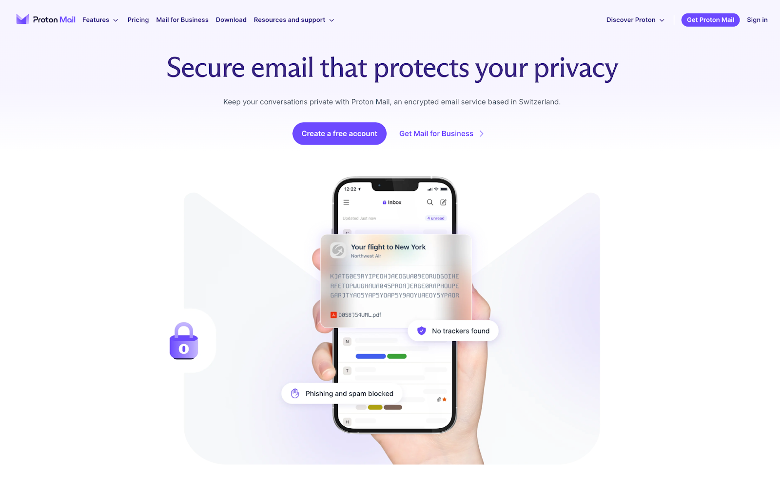 screenshot of ProtonMail homepage