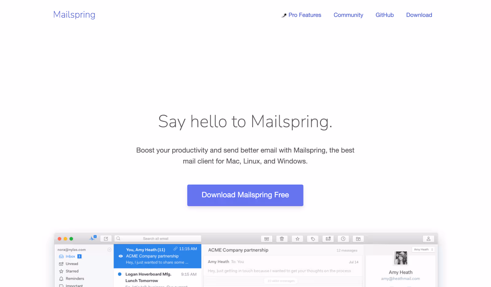 screenshot of Mailspring homepage