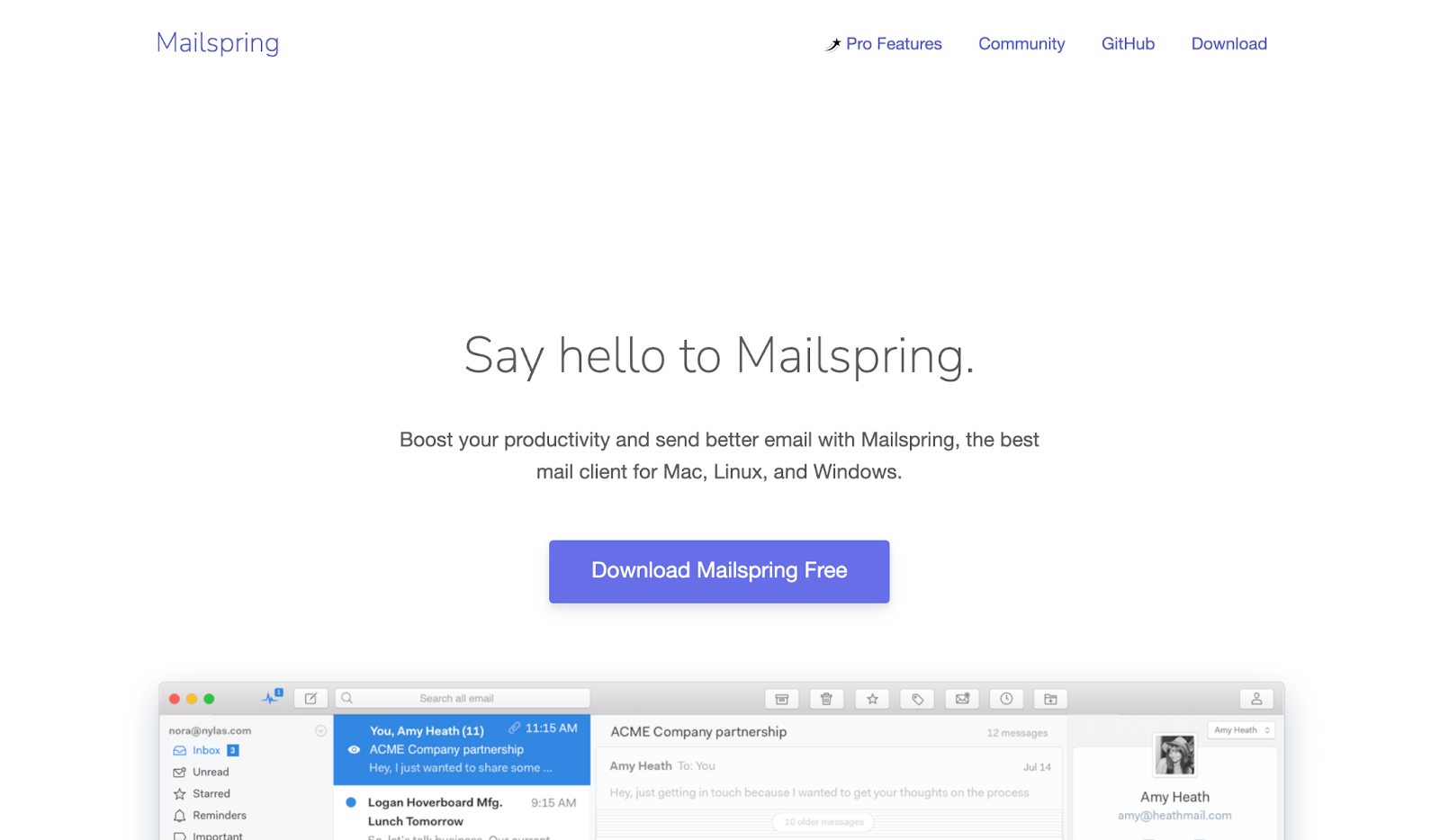 screenshot of Mailspring homepage