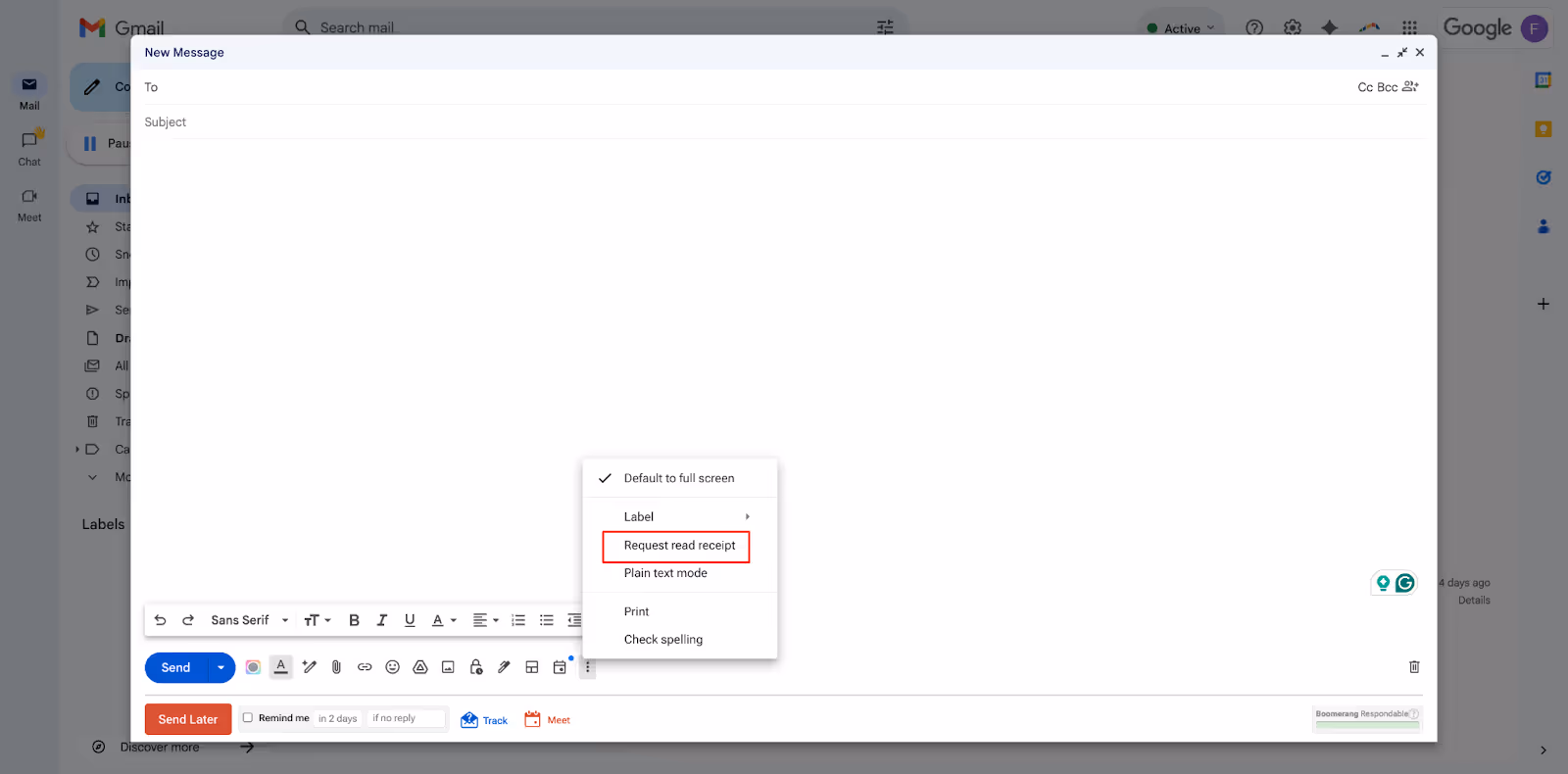 To enable read receipts for Gmail, Open Gmail to compose a new message. Click on the three dot menu on the lower right corner and choose "Request read receipt".
