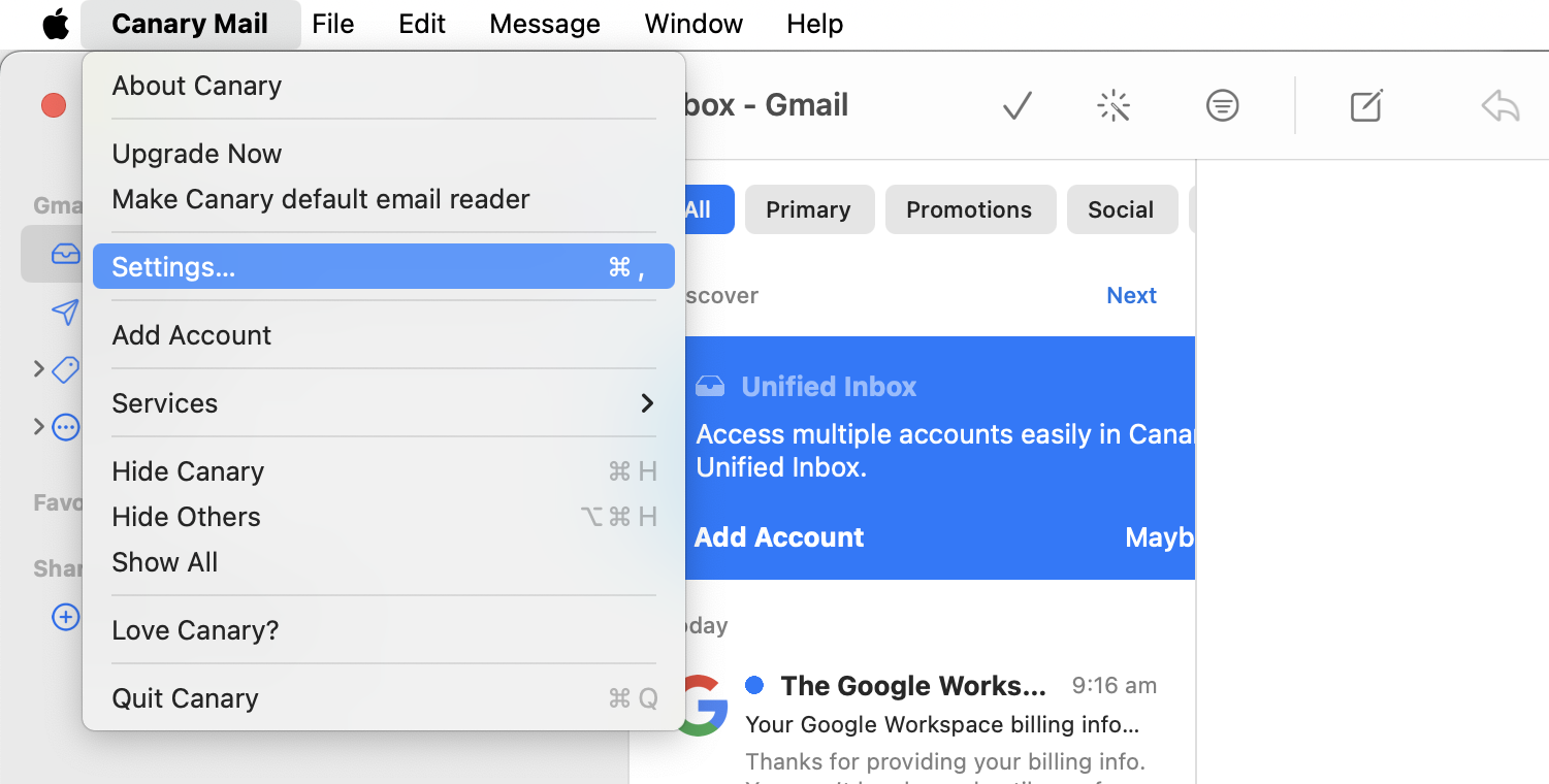 Click on "Canary Mail" next to the Apple icon, and click "Settings".