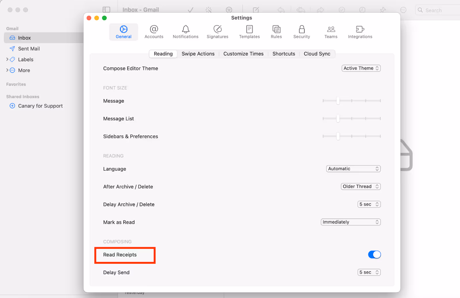 Toggle on 'Read Receipts' in the Canary Mail Mac desktop app by looking for the General tab > Reading > Composing.