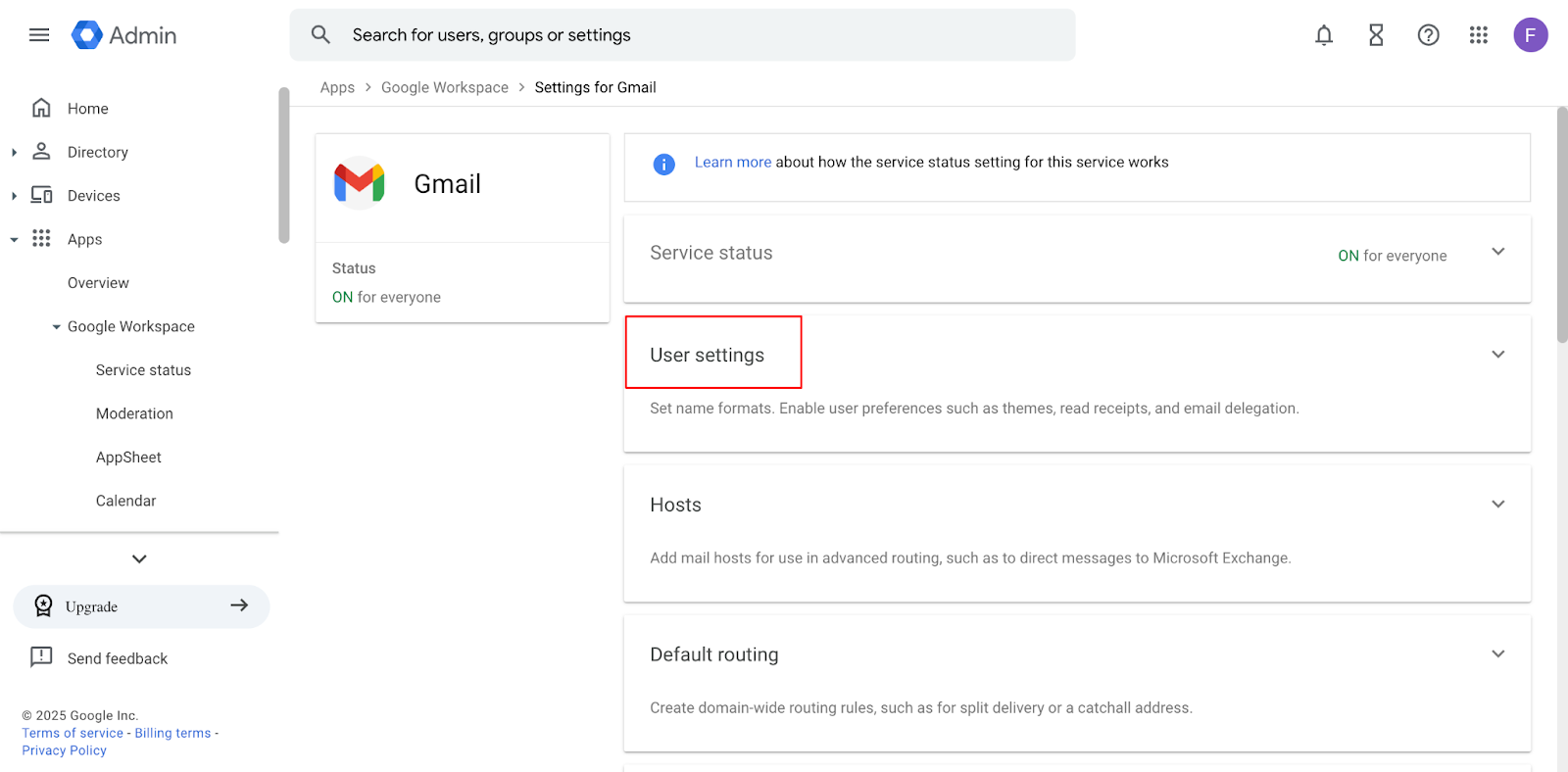How to go to Gmail user settings on Google Workspace from the Admin console.