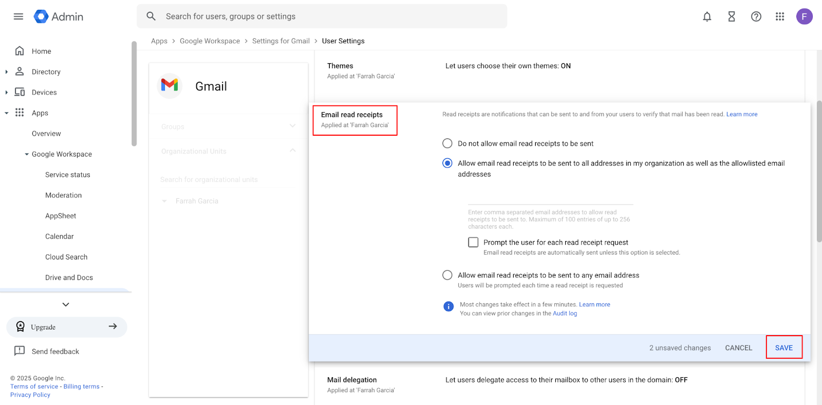 In Gmail user settings, scroll down to the “Email read receipts” option and enable the option that best applies to your needs. Once done, scroll down to the bottom and click “Save.”
