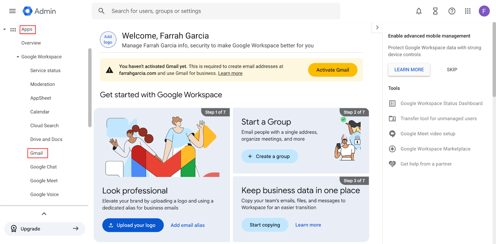 How to go to Gmail on Google Workspace from the Admin console.