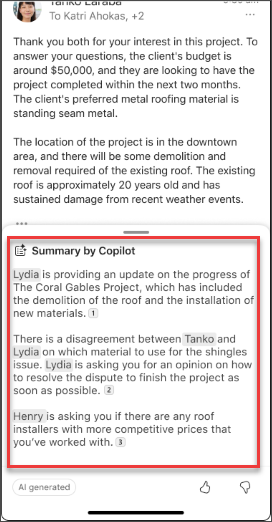 Copilot AI within Microsoft Outlook summarizing a lengthy email conversation thread for a quick review.