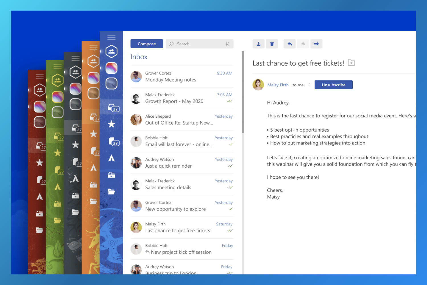 A clean desktop email client interface, featuring a unified inbox listing messages and a reading pane showing a marketing email with a prominent blue "Unsubscribe" button.