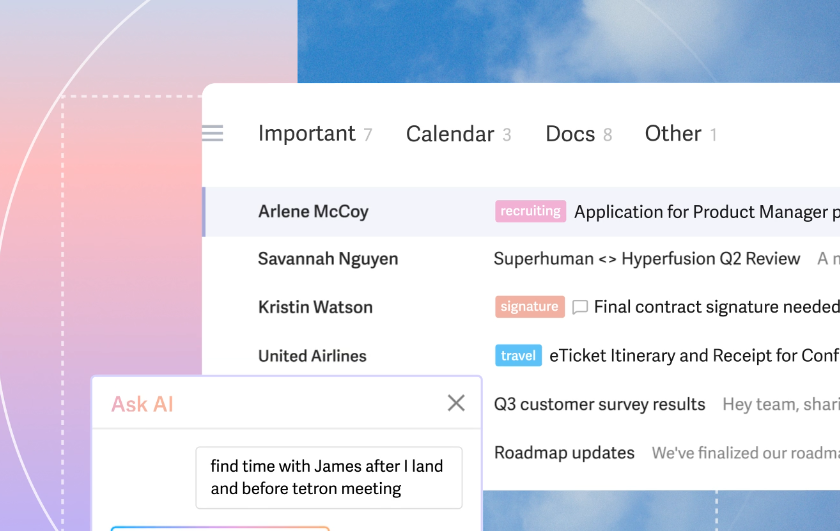 A screenshot of the Superhuman interface highlighting its 'Ask AI' feature to schedule meetings, contrasting with the local, private AI processing of a secure email app like Canary Mail.