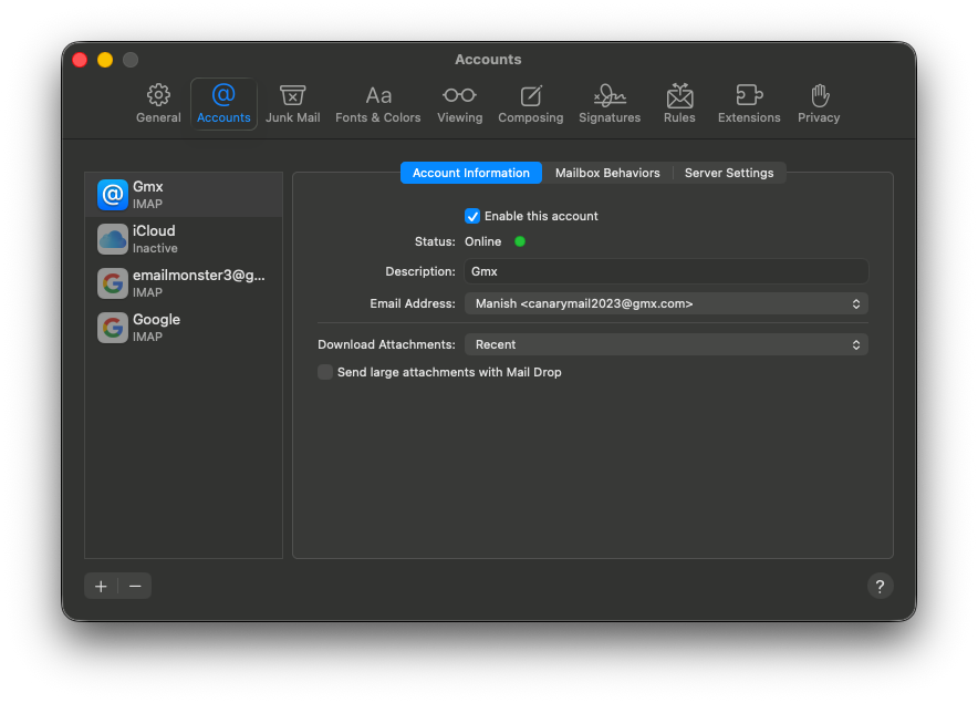 Apple Mail account settings screen on macOS Sequoia showing the Accounts list and account information panel