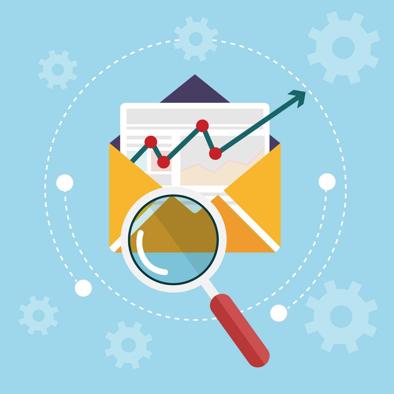 Illustration showing Apple Mail search options with a magnifying glass over an email inbox