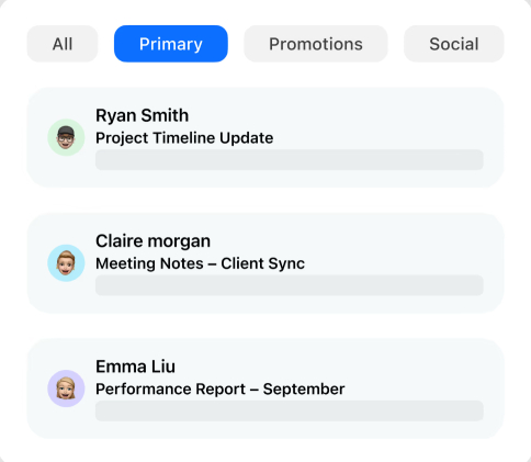 AI-powered email inbox showing organized emails with sender names, subjects, and priority tabs for Primary, Promotions, and Social