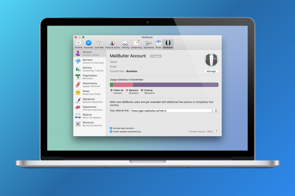 MailButler dashboard in Apple Mail showing email template management, tracking, and signature options for improved productivity