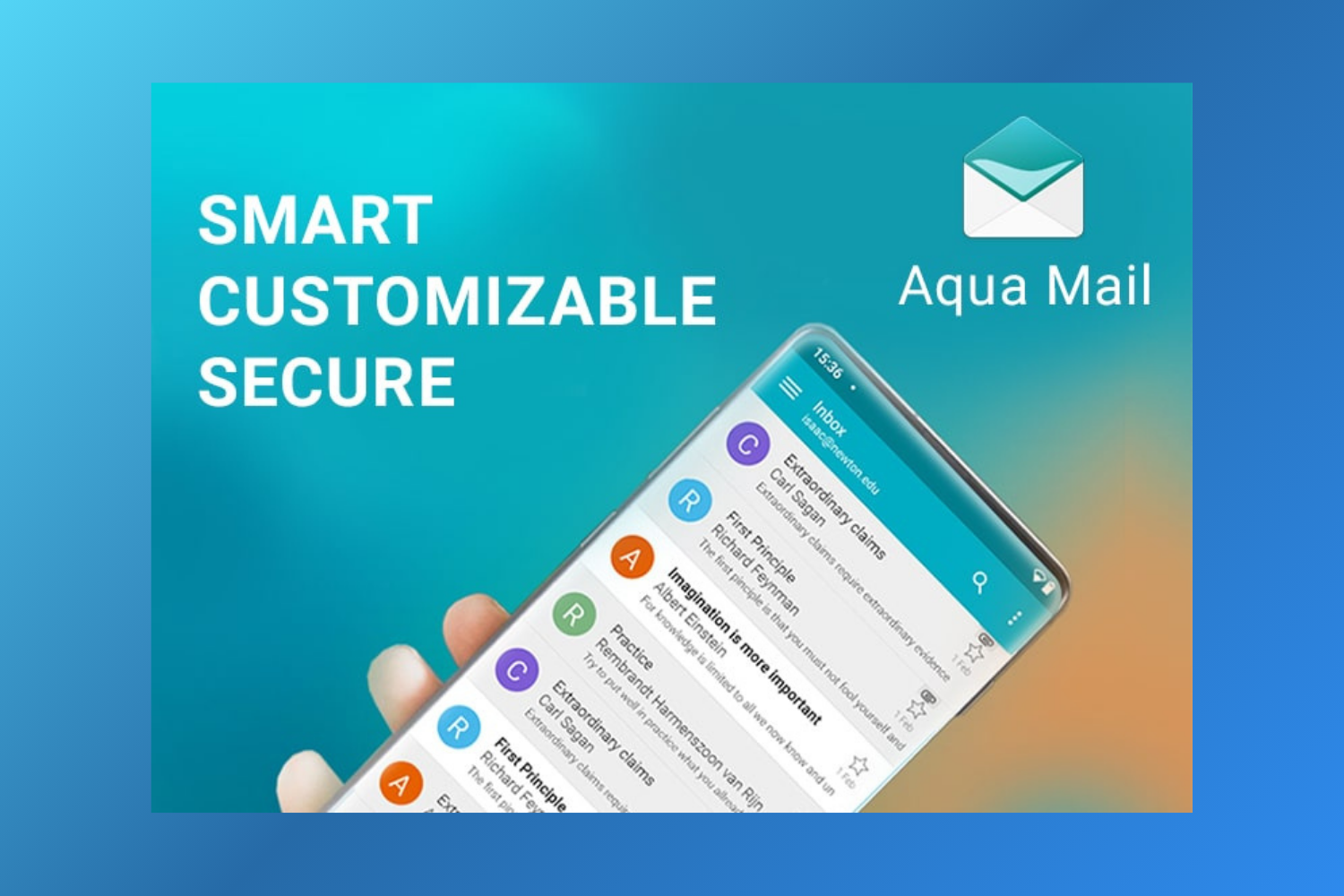 Aqua Mail email app showing customizable inbox interface on Android and iOS