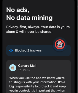 Canary email app showing privacy-first features for freelancers, blocking trackers and protecting client data from ads and data mining
