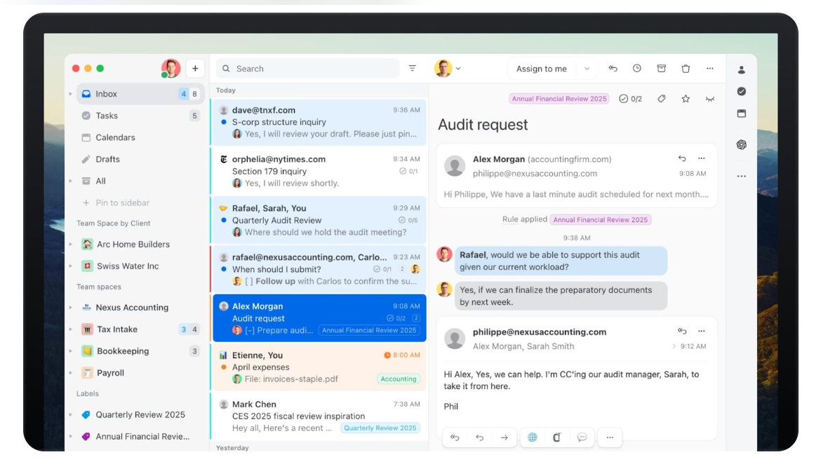 Interface de l'application Missive, l'un des meilleurs clients de messagerie Mac pour la collaboration d'équipe, affichant une boîte de réception partagée avec des fils de discussion, des étiquettes et des affectations de tâches.