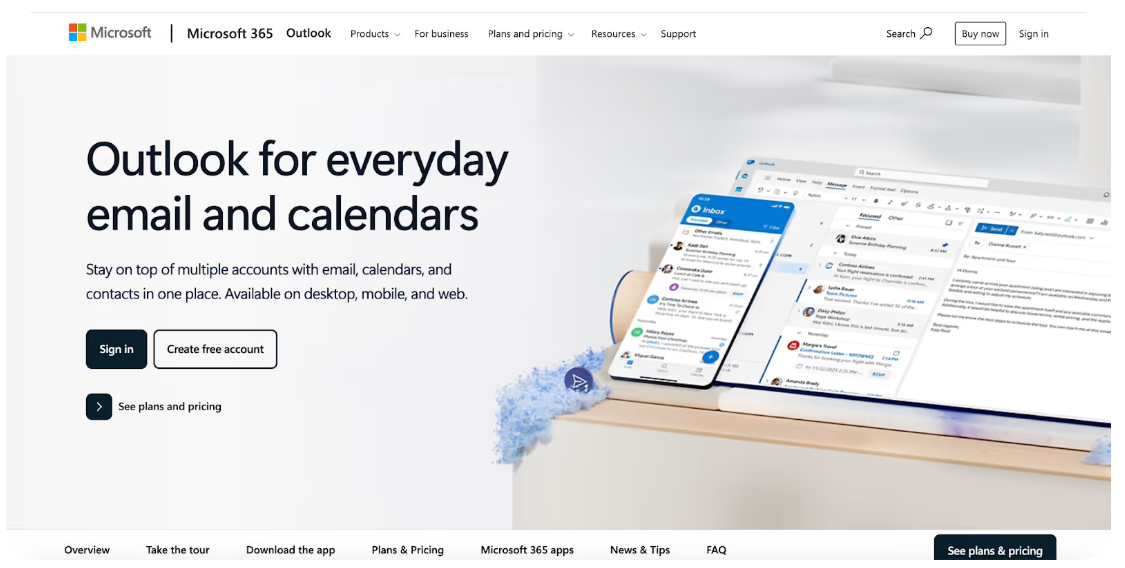 Page d'accueil de Microsoft Outlook, l'un des clients de messagerie Mac les plus utilisés, présentant une interface unifiée pour la gestion des e-mails, des calendriers et des contacts sur ordinateur et mobile.