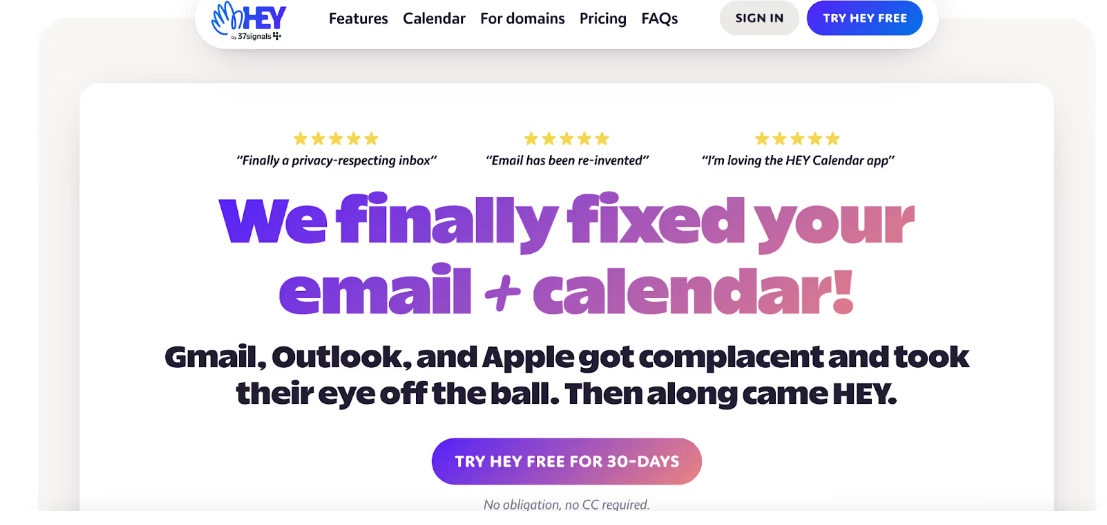 Page de présentation de HEY par 37signals, proposant une approche réinventée de l'e-mail et du calendrier pour ceux qui cherchent une alternative aux clients de messagerie Mac traditionnels.