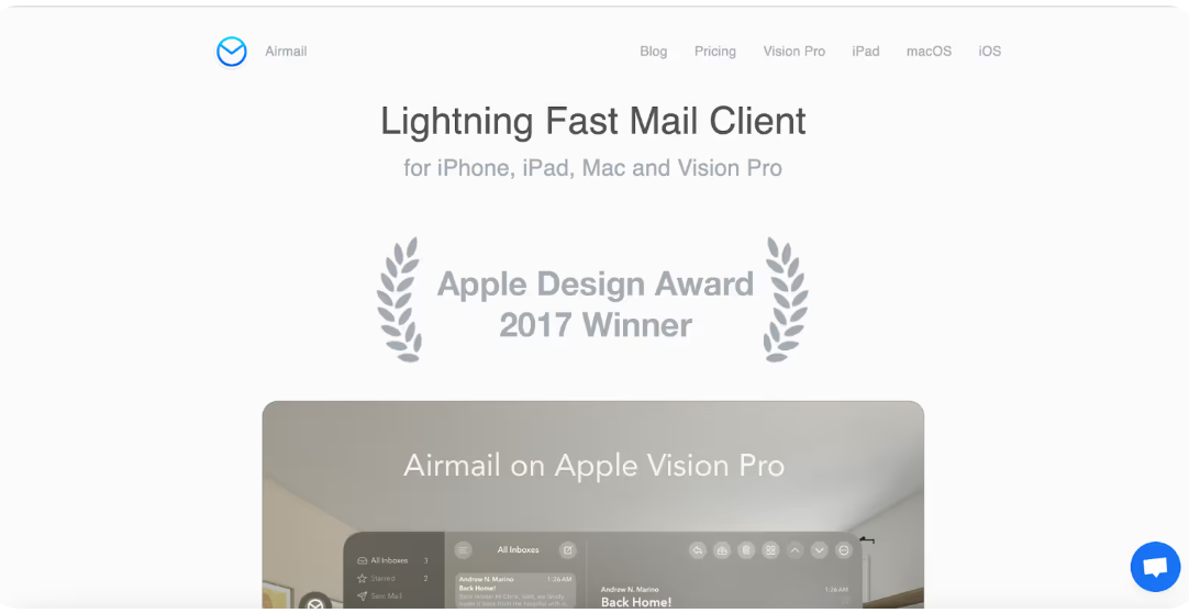 Page d'accueil d'Airmail, l'un des clients de messagerie Mac les plus rapides, affichant son prix "Apple Design Award" et sa compatibilité avec macOS, iPhone, iPad et Apple Vision Pro.