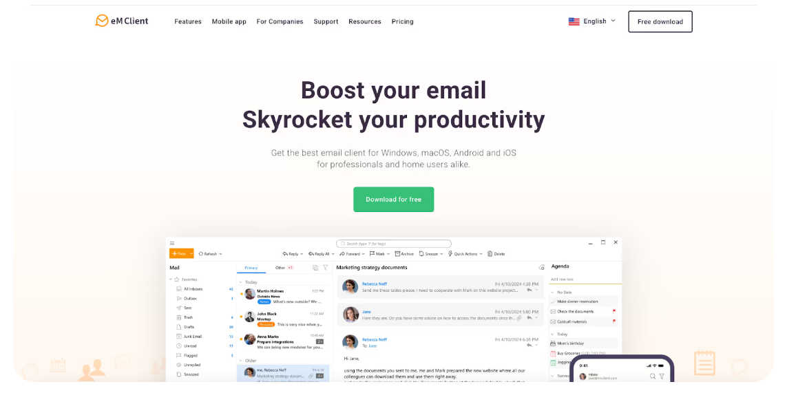 Page d'accueil d'eM Client, l'un des clients de messagerie Mac les plus complets, présentant son interface de gestion d'e-mails et de tâches pour accroître la productivité sur macOS et mobile.