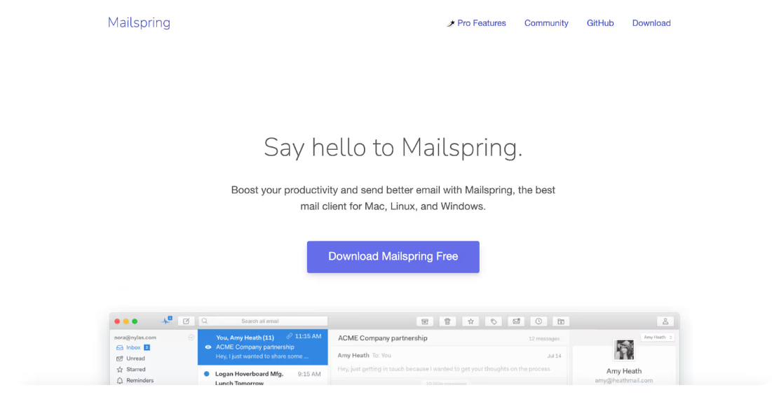 Page de présentation de Mailspring, l'un des meilleurs clients de messagerie Mac, Linux et Windows, mettant en avant une interface moderne conçue pour booster la productivité et envoyer de meilleurs e-mails.