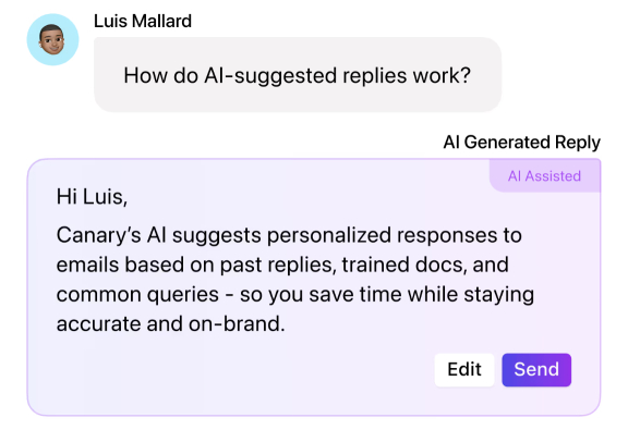 Canary email app for recruiters showing AI-generated suggested reply in a candidate email workflow.