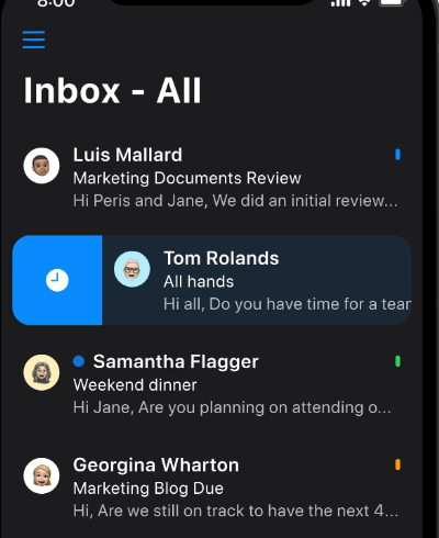 Canary email app inbox showing snoozed emails highlighted with a clock icon on iPhone