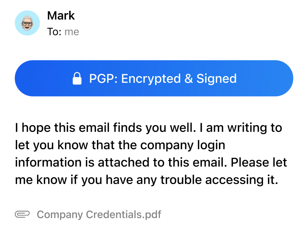 Canary email app showing a PGP encrypted and signed email with attached company credentials on mobile