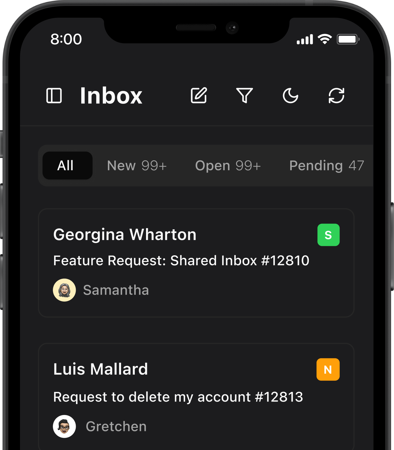 Shared inbox for support and customer success showing multiple customer conversations assigned to team members