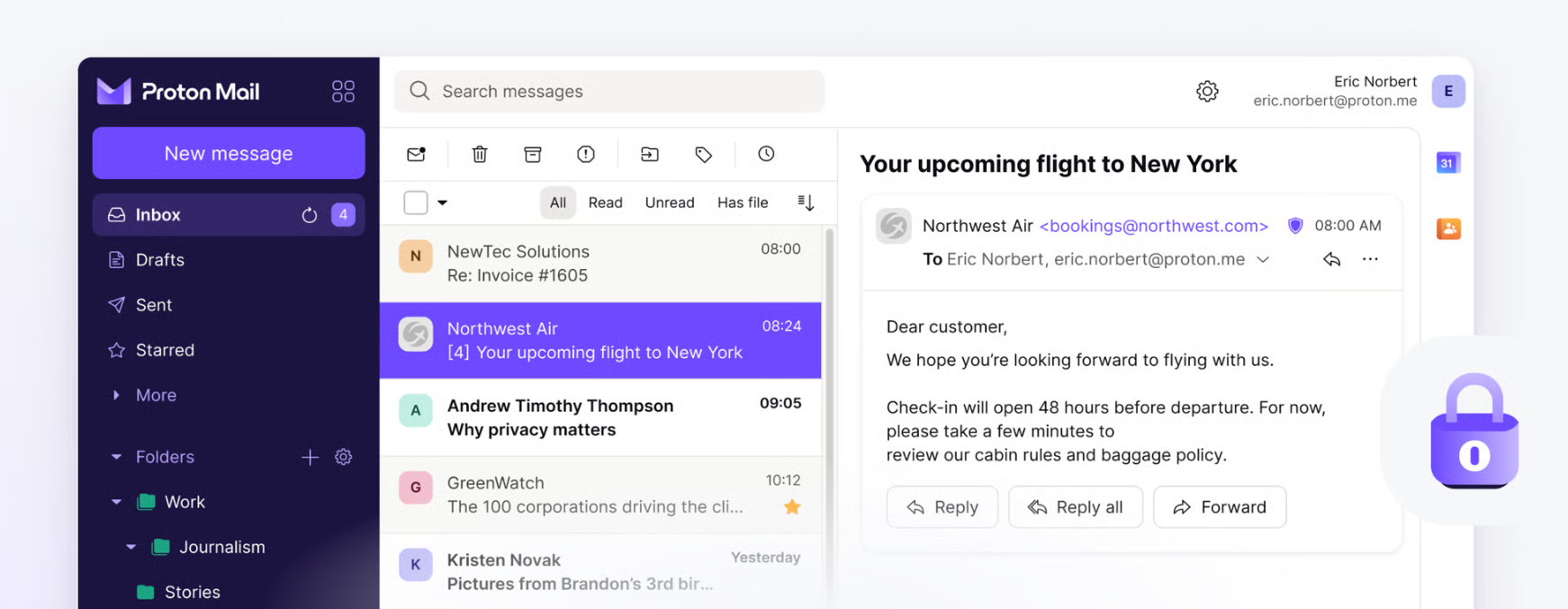 Proton Mail inbox interface on Mac highlighting end-to-end encrypted emails