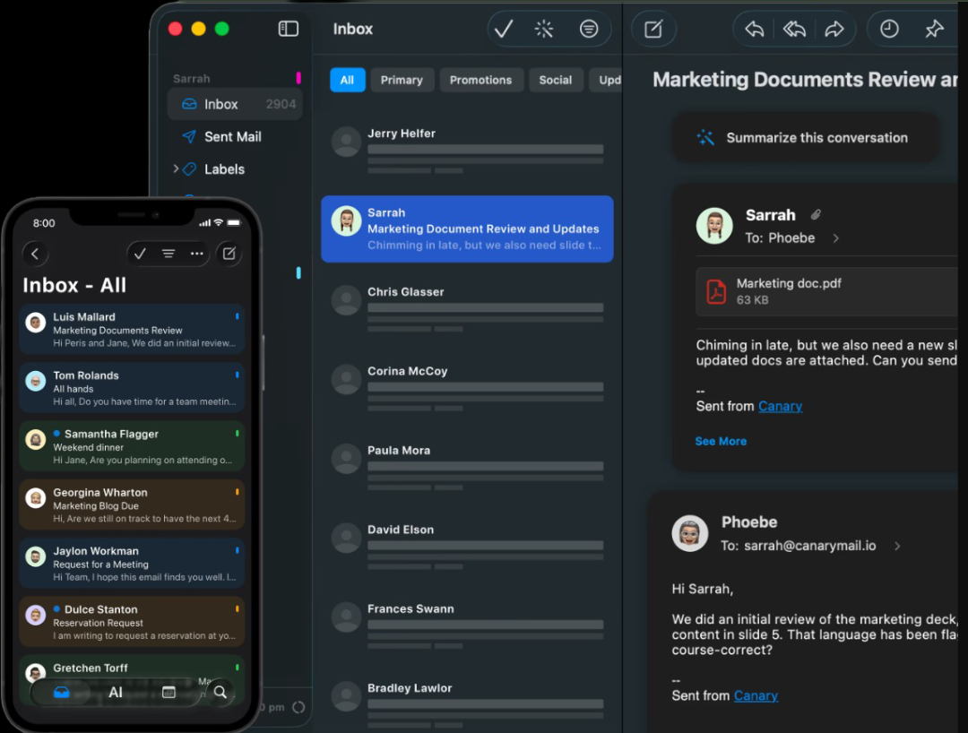 Canary Mail inbox on Mac showing PGP encryption and AI email assistant