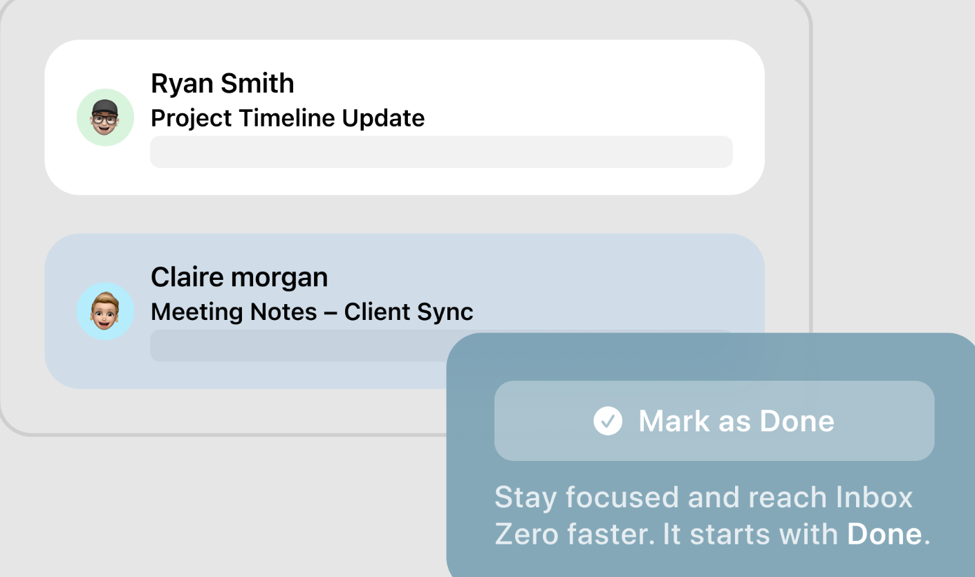 Canary inbox view for busy executives showing AI-assisted email management, highlighting "Mark as Done" to prioritize important messages and achieve inbox zero efficiently.