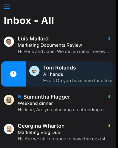 Mobile view of Canary for executives showing snoozed emails and priority indicators to manage inbox zero and follow-ups efficiently