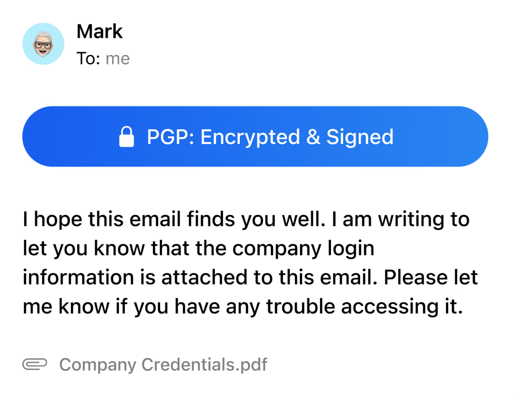 PGP encrypted and signed email shown in a secure iPhone email app