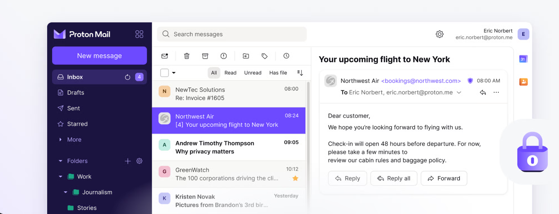 ProtonMail ad free email client interface showing inbox and privacy features