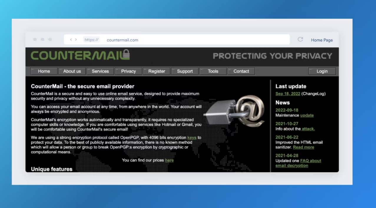 CounterMail ad free email client interface focused on end to end encryption and privacy