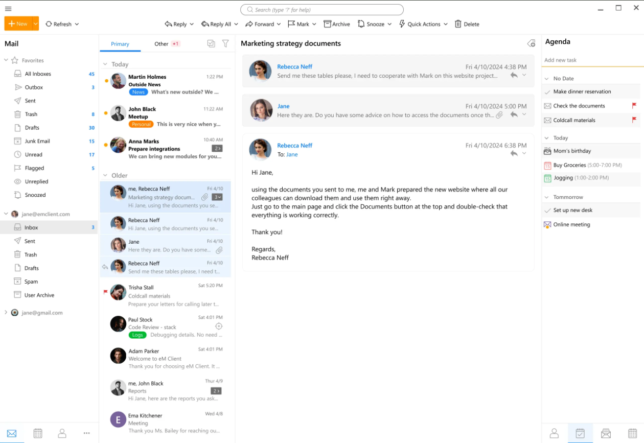 eM Client email interface showing inbox, message preview, and calendar panel on desktop