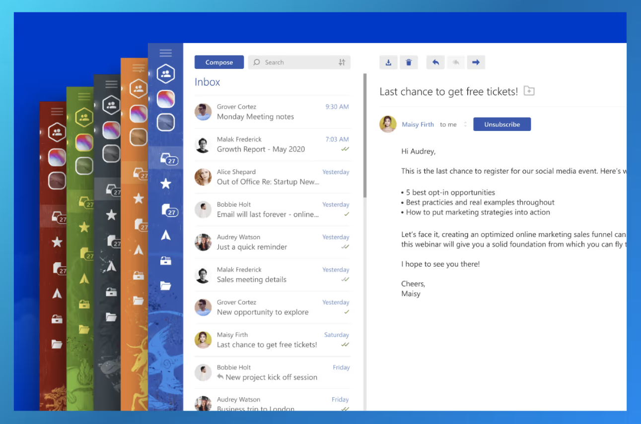 Mailbird email client interface showing a unified inbox and email productivity features on Windows