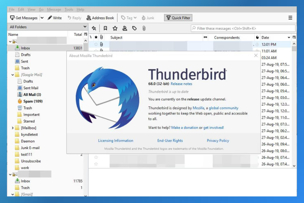 Mozilla Thunderbird email client interface showing inbox and open-source email features