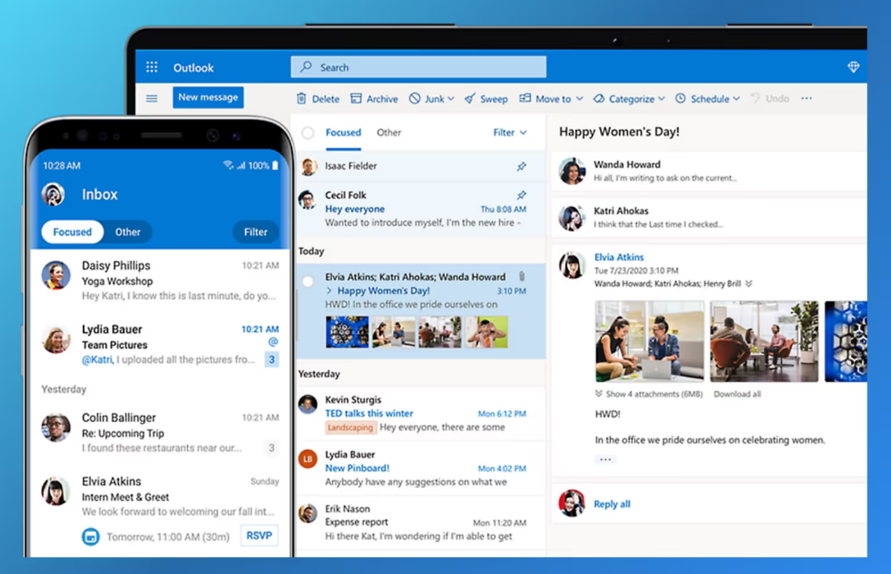 Microsoft Outlook email client interface showing inbox, focused emails, and calendar on desktop and mobile