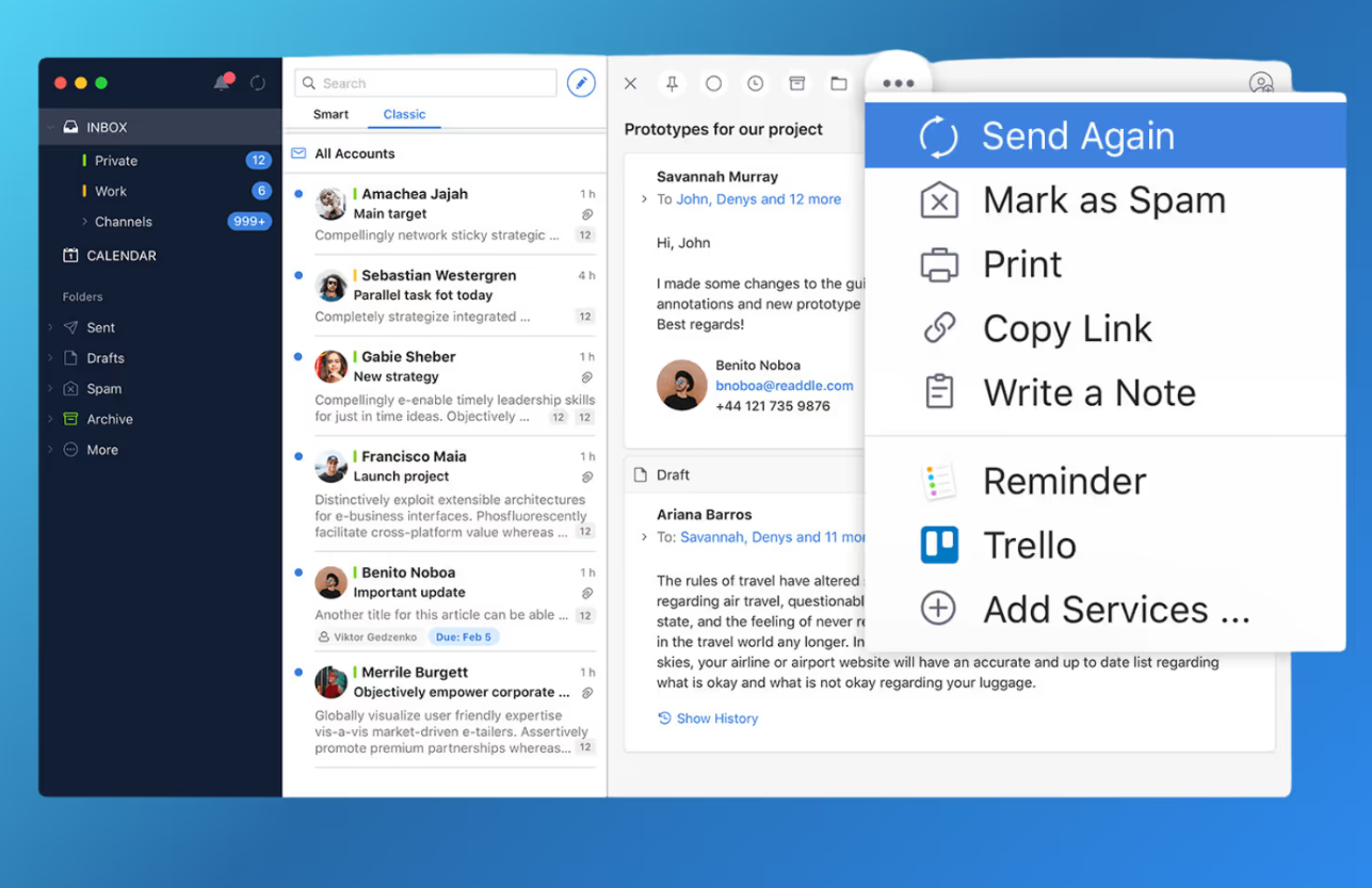 Screenshot of Spark Mail inbox showing email list, folders, and message options