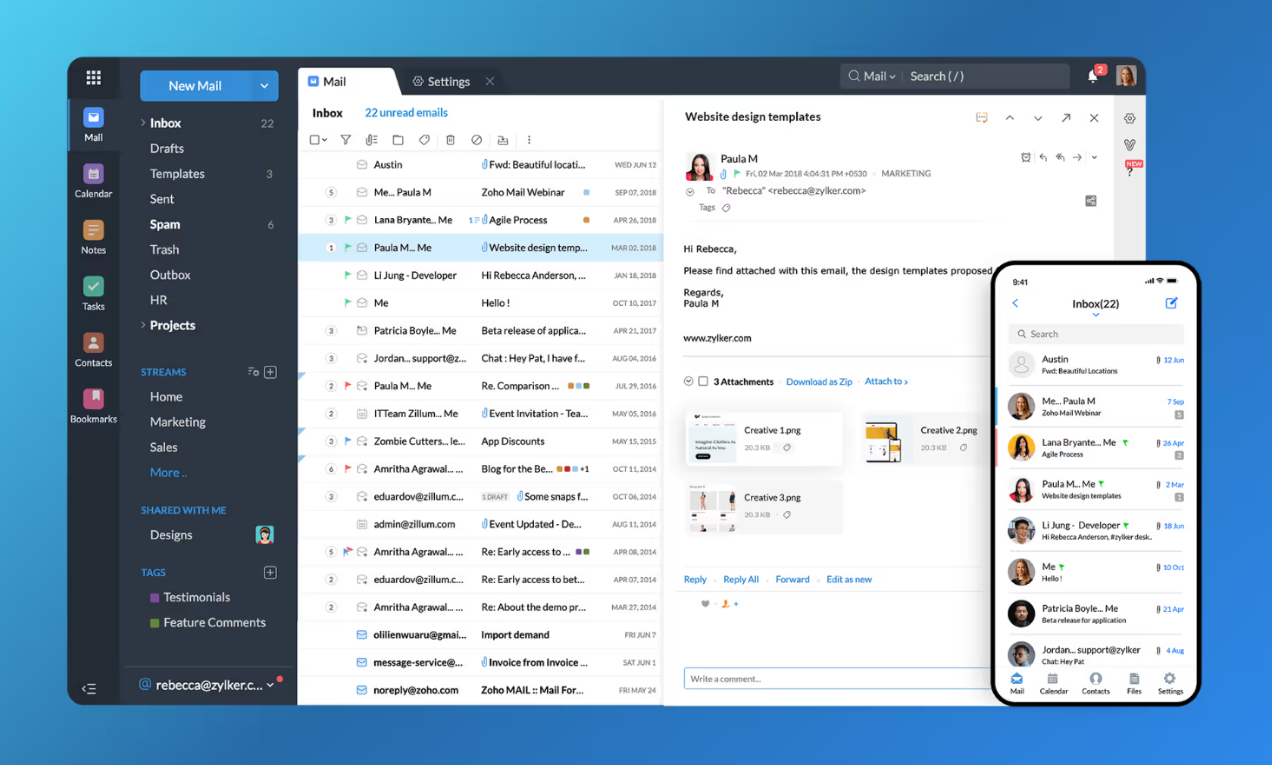 Zoho Mail email client interface showing inbox, email preview, attachments, and mobile app view