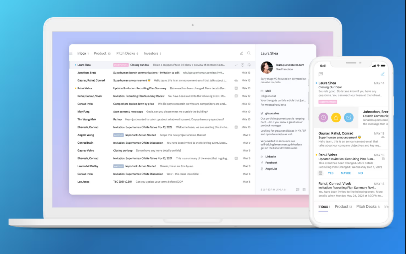 Superhuman email client interface showing inbox management, productivity features, and mobile app view