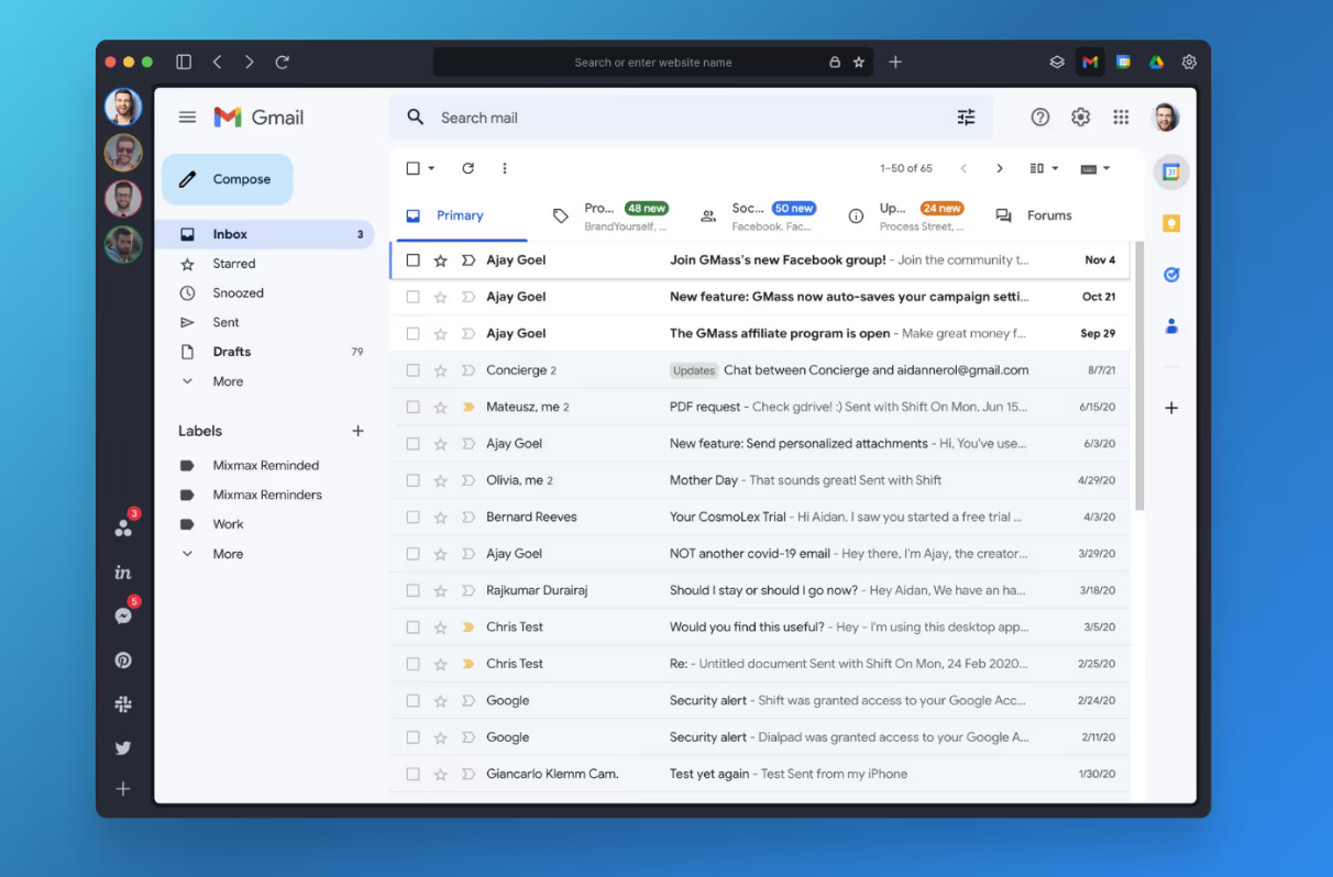 Shift workspace showing Gmail inbox used as an eM Client alternative for managing multiple email accounts